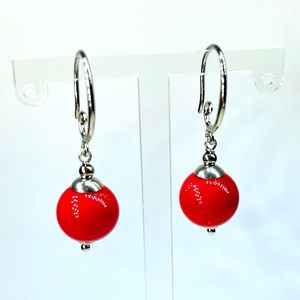 Silver Plated Natural Polished Red Coral Stone (12mm) Earring
